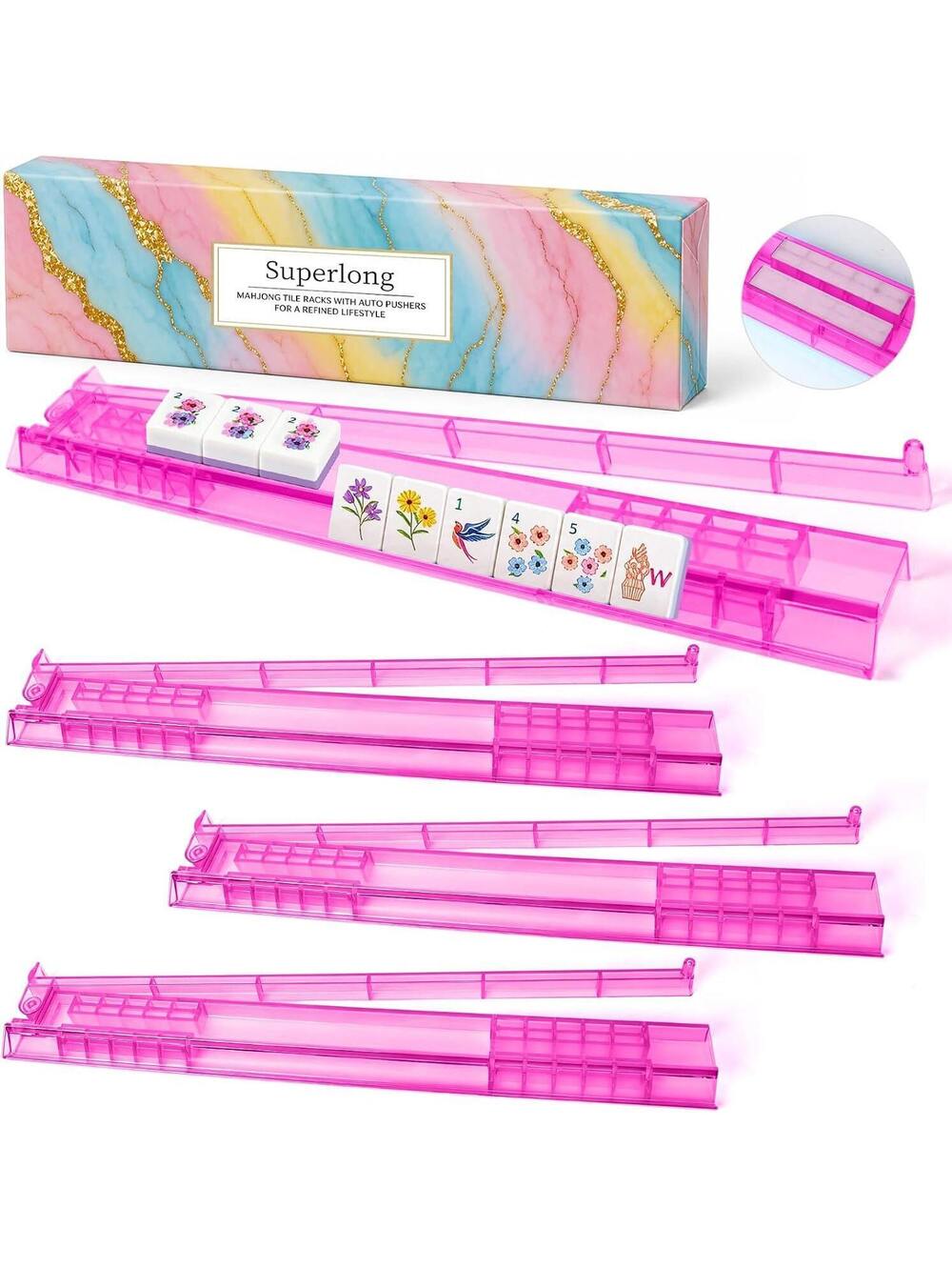 Non-Slip Mahjong Racks with Pushers, 17.4 in, Set of 4, Crystal Pink